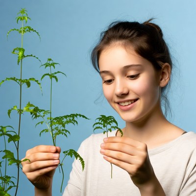 Girl examines plants indoors