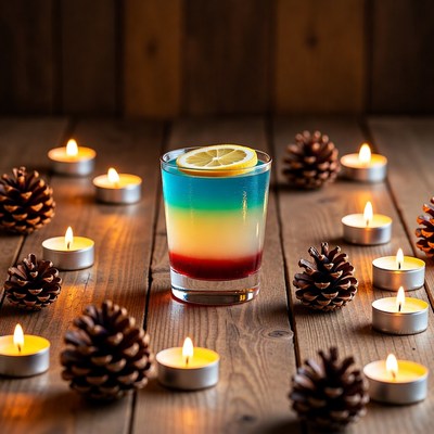 Colorful drink with candles and pinecones