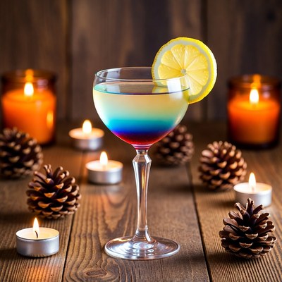 Colorful drink on wooden table with candles