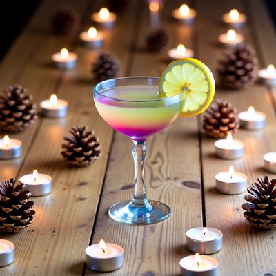 Colorful drink with candles and pinecones