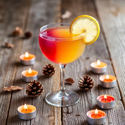 Colorful drink with candles and pinecones