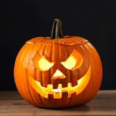 Carved pumpkin with a spooky face