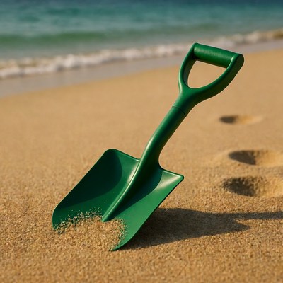 Green shovel on sandy beach