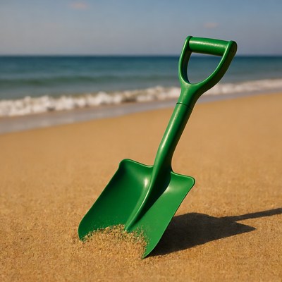 Green shovel on sandy beach