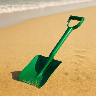 Green shovel on beach sand