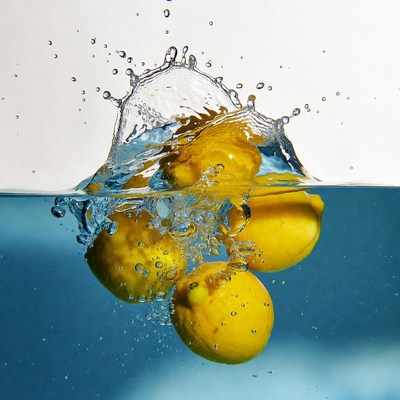 Lemons splash into clear water