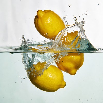 Lemons splash in clear water