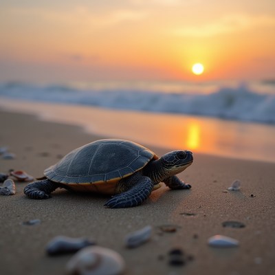 Turtle walks on beach at sunset