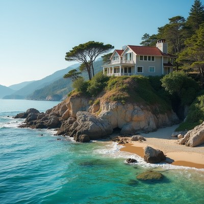 Coastal house beside rocky shore