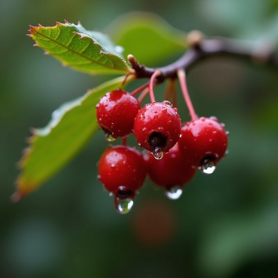Red berries with rain droplets on branch