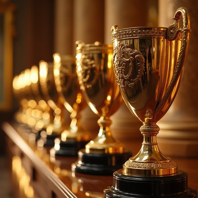 Golden trophies displayed in a hall