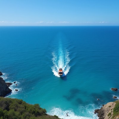 Boat travels through blue water