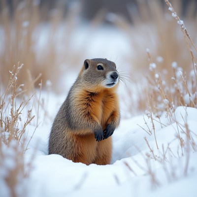 Prairie dog stands in snowy field