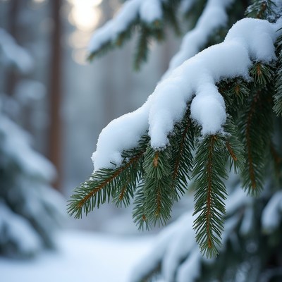 Snowy pine branches in winter