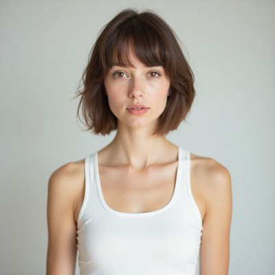 Woman with brown hair poses indoors