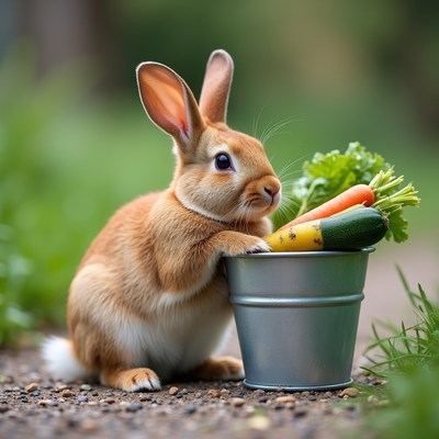 Rabbit sitting beside a pot of vegetables