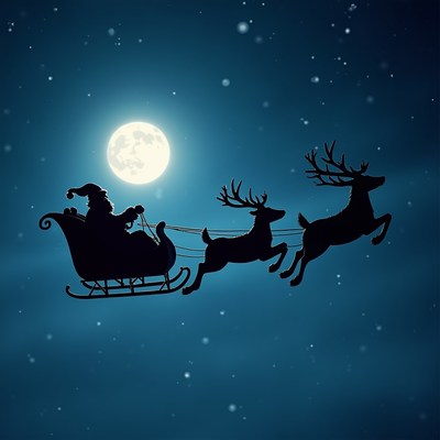 Santa in sleigh with reindeer at night