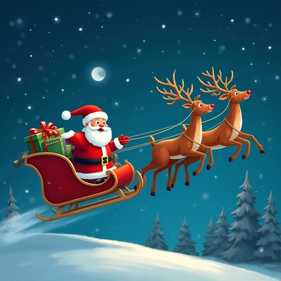 Santa flying with reindeer in winter night