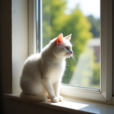 White cat sits by window