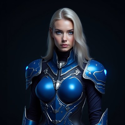 Hero in blue armor stands strong