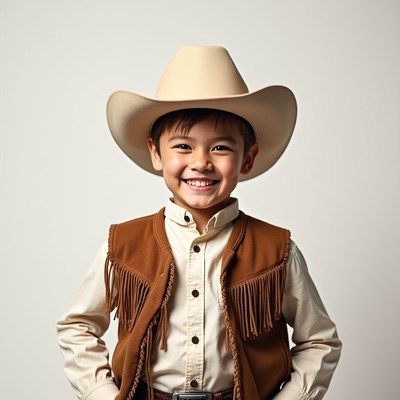 Young cowboy smiles in studio setting