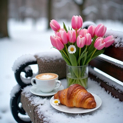 Coffee and croissant in winter park