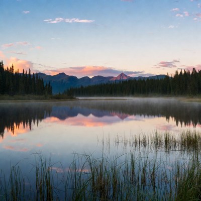 Mountains reflect in still lake