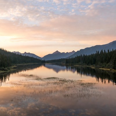 Sunset over the calm lake and mountains