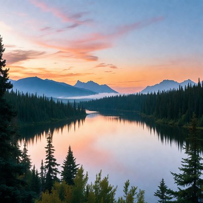 Sunset over the mountain lake