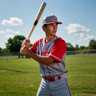 Young baseball player poses on field