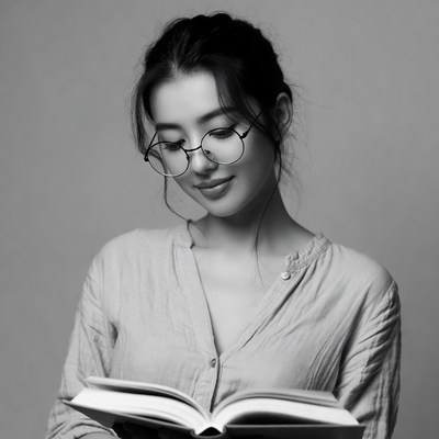 Woman reading book in black and white setting