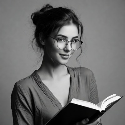 Woman reading book in gray setting
