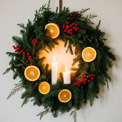 Festive wreath with candles and oranges