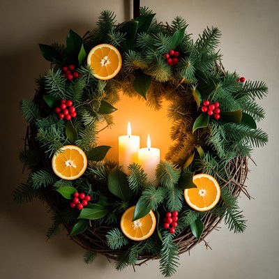 Decorative holiday wreath with candles