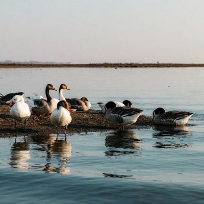 Geese gathered by the water