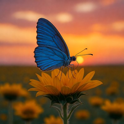 Butterfly on sunflower during sunset