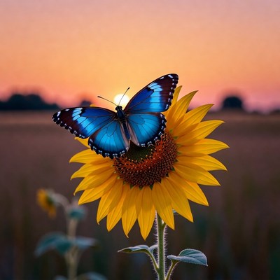 Butterfly on sunflower at sunset