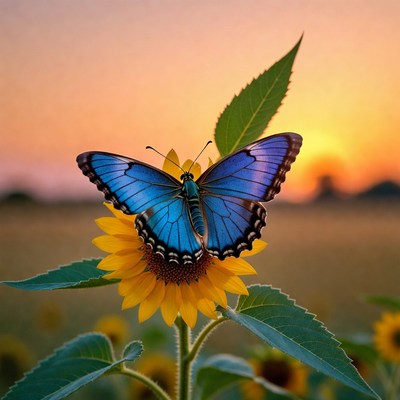 Butterfly on sunflower at sunset