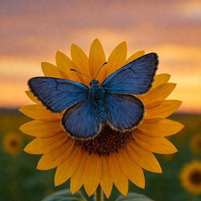 Butterfly on sunflower at sunset