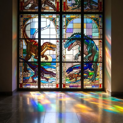 Stained glass depicting dinosaurs in a museum