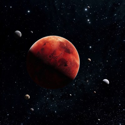 Mars surrounded by distant planets and stars