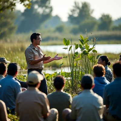 Nature guide speaks to a group