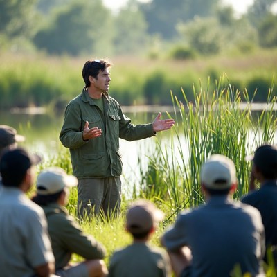 Guide speaks to group near water