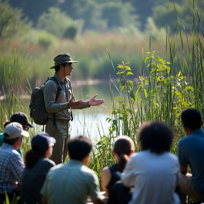 Nature guide leads outdoor group near water