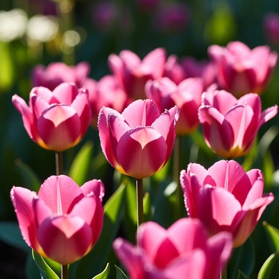 Pink tulips bloom in the garden during spring