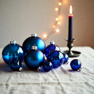 Blue ornaments and candlelight scene