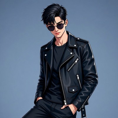 Young man in black leather jacket