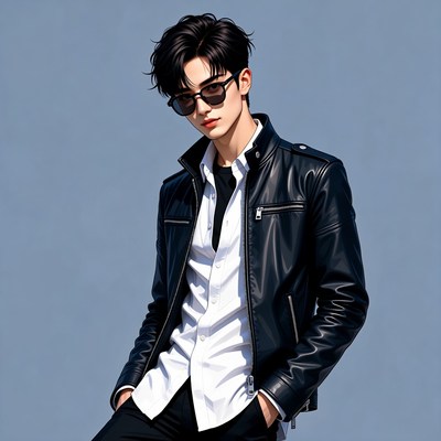 Young man in leather jacket posing outdoors