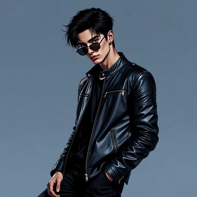 Young man in black leather jacket