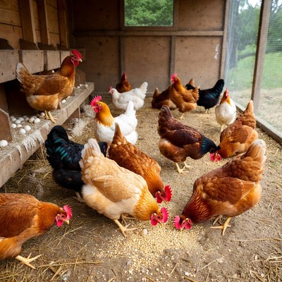 Chickens feeding in coop